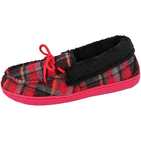 Yinka Shoes Ladies Tartan Faux Fur Trim Lined Moccasin Full Slippers (Highlander Red, 4, numeric_4) Cover