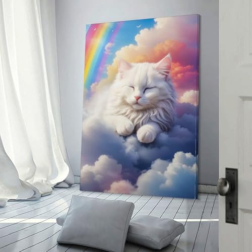 Tableau moderne chat blanc dormant nuages décoration murale