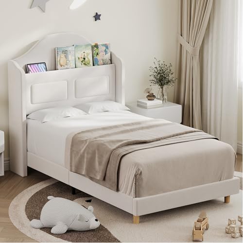 GarveeHome Twin Bed Frame for Kids, Upholstered Velvet Princess Platform Bed for Boys/Girls with Wingback, Bookcase Headboard & LED Lights, No Box Spring Needed, Noise-Free, Easy Assembly, Beige