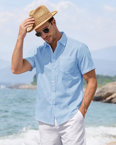 Image of J.VER Mens Linen Shirt Short Sleeve Button Down Casual Summer Shirts | Cotton Linen, Untucked, Big Tall, from Beach Camp Vacation, Cruise Fishing, Work Office, to Wedding Party Family, with Pocket