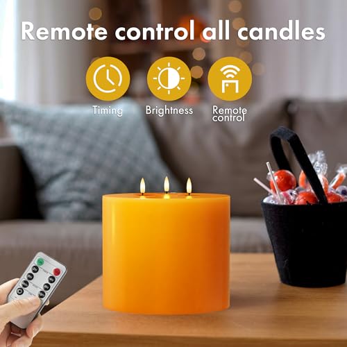 Image of Orange Extra Large Flameless Candles, 6 inchx6 inch Battery Operated Candles with Remote, Real Wax Flickering LED Candles with 3 Wicks for Fall, Thanksgiving, Harvest, Halloween Decor