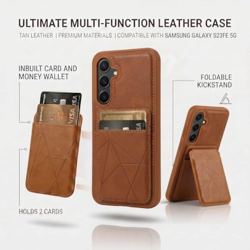 Image of amazon basics Premium Vegan Leather Back Cover with Card Holder and Integrated Mobile Stand for Samsung Galaxy S23 5G - Slim Shockproof Wallet Case with Geometric Stitching [Tan]