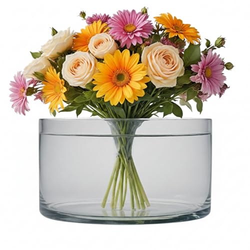 Image of KALAKRITI 8 Inch Clear Glass Cylinder Vase | Flower Vase, Lucky Bamboo Planter & Open Terrarium Container | Decorative Bowl for Floating Candles, Floral Arrangements & Table Centerpieces (Pack of 2)