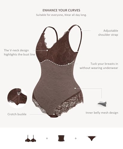 Image of FeelinGirl Shapewear Bodysuits for Women Lace Shapewear Tummy Control V-Neck Sleeveless Bodysuit Tops Jumpsuit