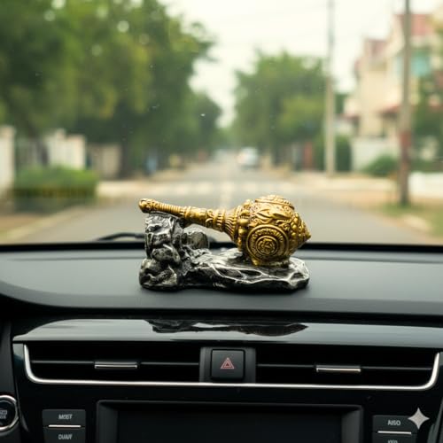 Image of Bajrangbali Gada Showpiece for Home Temple, Car Dashboard & Office Desk | Golden Hanuman Gada Resin Statue with Stone Base | Spiritual Table Decor Gift (9 x 4 x 5 cm)