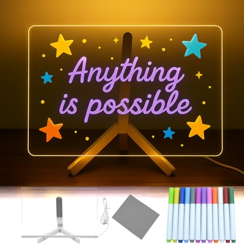 Praclife LED Note Board with 12 Colors Pen 30x20 cm Acrylic Light Up Drawing Writing Message Magic Board for School Office Cafe Home