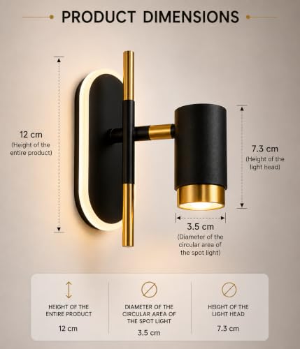 Image of FILLISKA 3 in 1 Single Wall spot /Picture /Display /Mirror Light with Adjustable Head and Colour Changing Function (Black & Gold-085)