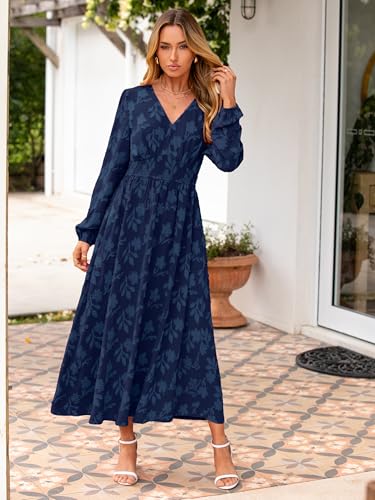 Image of Simplee Womens Boho Floral Long Sleeve Maxi Dress V Neck Empire Waist Fall Wedding Guest Dresses with Pockets