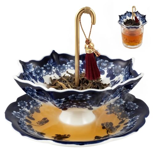 Umbrella Ceramic Tea Strainer with Drip Tray Chinese Blue & White Porcelain Loose Leaf Filter fits 2.56 to 3.94-Inch Openings(blue)