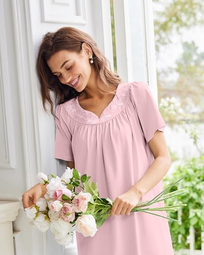 Image of Ekouaer Moo Moos for Women House Dress With Pockets Cotton Nightgowns Short Sleeve Night gowns Embroidered Mumu Dress