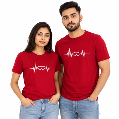 Image of Matching Couple T Shirt for Men & Women | Heartbeat Printed Cotton Couple T-Shirt | Round Neck Half Sleeve Regular Fit | Valentine's Day, Pack of 2 | Red