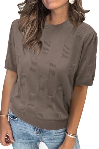Image of Arach&Cloz Women's Short Sleeve Crew Neck Sweaters Trendy Teacher Work Tops