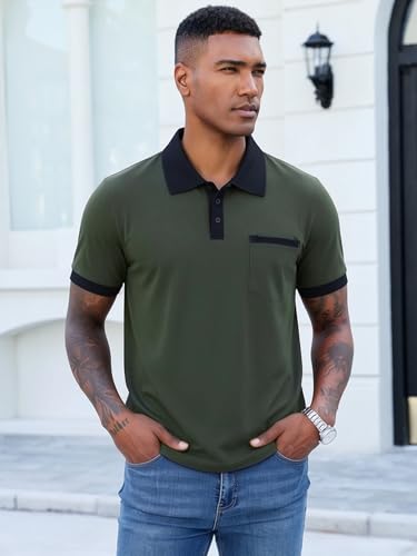 Image of Men's Casual Polo Shirts Summer Short Sleeve Contrast Collar Buttoned Tee Polo Shirt with Pocket