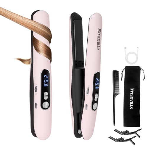 Mini Piastra da Viaggio per Capelli Senza Fili, 2 in 1 Piastra Capelli Senza Fili e Arricciacapelli, 175℃-215℃ Piastre per Capelli Corti per Donne/Uomini, 5000mAh Cordless Hair Straightener (Rosa)