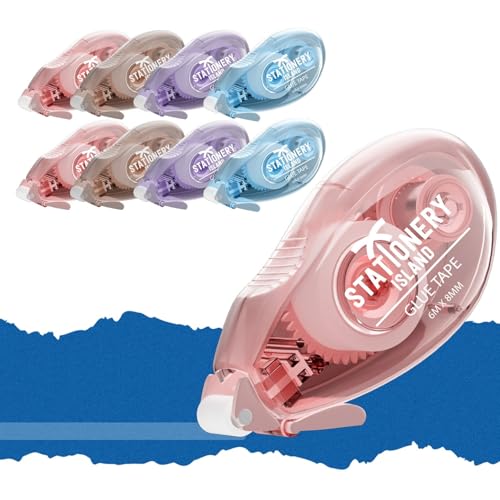 Stationery Island 8Pcs Celo Doble Cara, Pegamento en Cinta Roller Adhesiva, Cinta Doble Cara Transparente Dispensador, Cinta Adhesiva Doble Cara en Oficina Escolar De Tarjetas y Journal - 8mmx6m