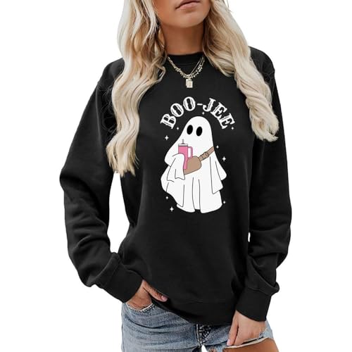 Boo-Jee Halloween Sweatshirt Cute Funny Ghost Pattern Pullover Crew Neck Fall Long Sleeve Shirt Top