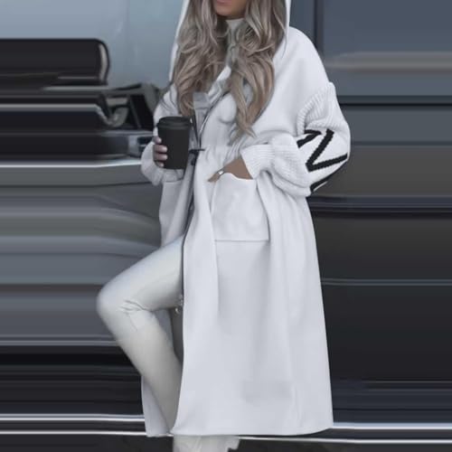 Women's Hooded Long Sleeve Knitted Sleeves Patchwork Casual Jacket Winter Letter Zip Up Mid Long Overcoat Pockets2