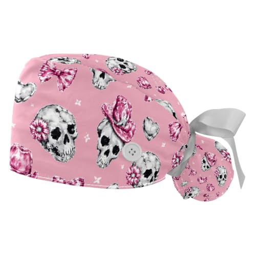 Image of 2 PCS Bouffant Cap with Button Ponytail Pouch Working Cap Sweatband Adjustable Surgical Cap Black and White Cow