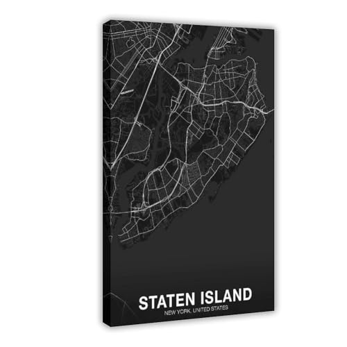 Staten Island New York New York USA Map Poster Black And White Hometown City Print Modern Home Canvas Poster Wall Art Prints Room Aesthetic Murals Bedroom And Living Decorations Frame 24x36inch