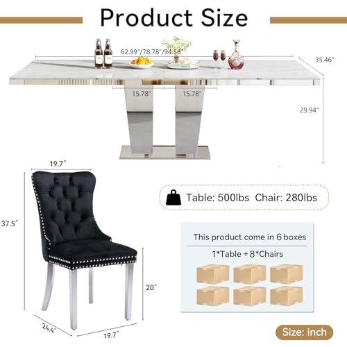 Image of 9-Piece Extendable Dining Table Set for 8, 63 inch-94 inch White Faux Marble Expandable Kitchen Table Set with 8 Black Velvet Chairs,Large Extendable Dining Room Tables with Mirrored Columnar Base
