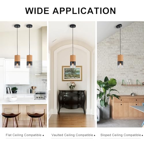 Image of 3-Pack Modern Pendant Lights for Kitchen Island, Adjustable Black Pendant Light Fixtures with Raw Wood Grain, Industrial Glass Pendant Lights for Dining Table Hallway Bedroom Living Room