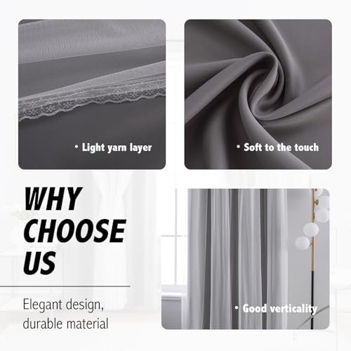 Image of Anytime Double Layer Blackout Curtains 2 Panels,52Wx95L,Grey | Sheer And Fabric Window Drapes Grommet Top Solid Color Bedroom Living Room Home Decor