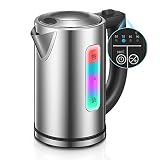 Bouilloire Électrique Thermostat Réglable 50-100°C, FOHERE 1.7L Bouilloire Inox, Fonction de Maintien au Chaud 120 Mins, Éclairage LED de Couleurs, Auto Arrêt, Sans BPA, Base 360°, 2200W