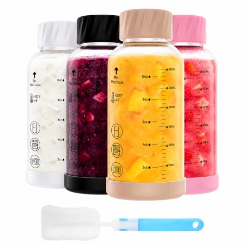 Image of Luxfuel 12 oz Glass Juice Bottles with Lids, Borosilicate Glass, 4 Pack | Leakproof Stainless Steel Lids with Measurement Markings, Heat-Resistant Glass, BPA Free Reusable for Juice Storage, Smoothie