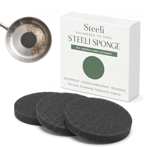 Steeli Sponge for Stainless Steel Removes Burnt-On Stains for Stainless Steel Surfaces Mirror Shine Restorer Durable Kitchen Sponge (3-Pack)
