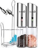 Gravity Electric Salt and Pepper Grinder Set of 2,USB Rechargeable Kitchen Electric Pepper Mill with Adjustable Grinder and LED Light,Tall Glass Salt and Pepper Grinders Refillable