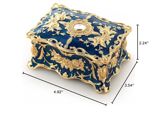 ROSIKING Blue Rectangle Emboss Alloy Metal Music Box Wind Up Antique Jewelry Musical Boxes Christmas Birthday Valentine's Day Gifts Plays Anastasia-Once Upon a December