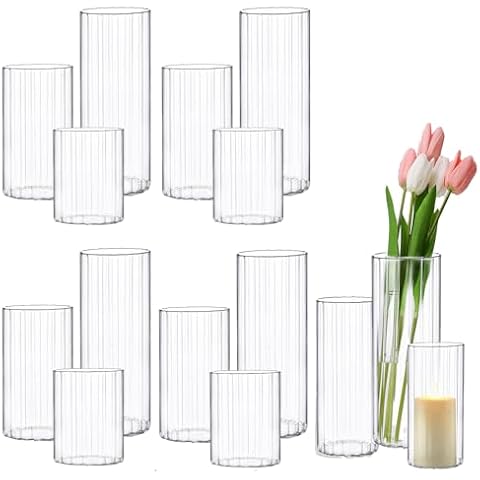 PHOSPHOR Hurricane Candle Holders for Pillar Candle 6'', 8'', 10'' Tall Glass Cylinder Centerpieces Vases Floral 12 Pieces Cover