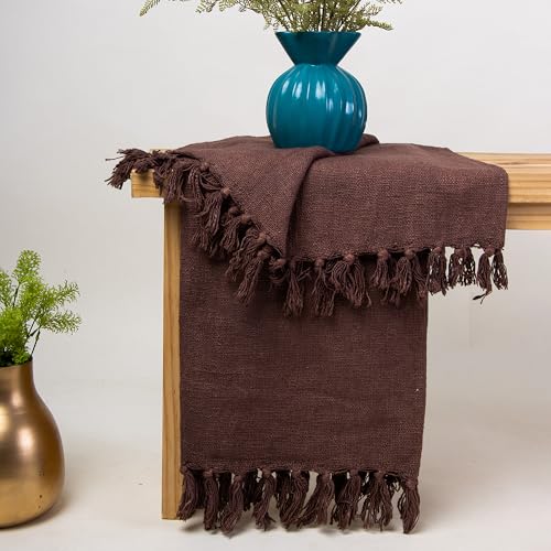 Image of Pure Cotton Hand Woven Sofa Throw | Handmade 50X60 Inch Solid Blanket | Soft Blanket for Living Room, Bed, Couch and Chair | Reversible and Breathable (Coffee Brown)