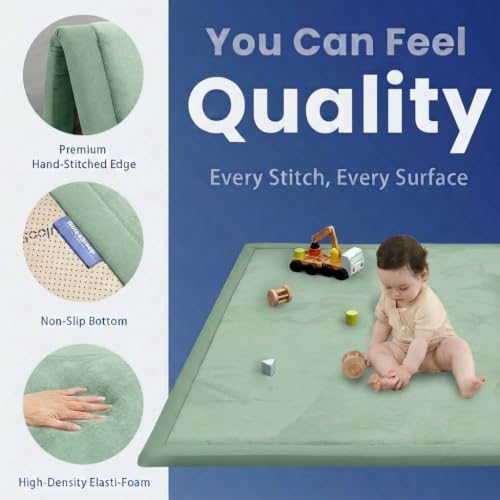 Image of Huloo Sleep Ultra Soft Baby Play Mat for Floor,1.3 inch Thick Elasti-Foam 47x47 Play Mat for Playpen,Water-Repellent Coral Velvet for Tummy Time, Non-Slip Backing Safe for Toddlers & Infants(Sage Green)