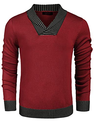 COOFANDY Mens Fashion Slim Fit Pullover Sweater Casual Knitted V Neck Long Sleeve Sweater Red