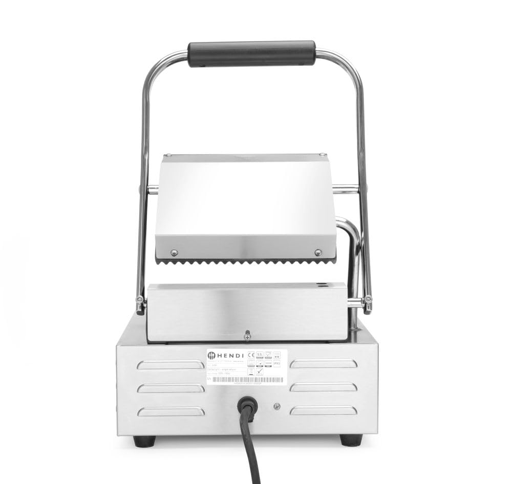 HENDI Kontaktgrill, einzeln, gerillte Ausführung, inkl. Grillreinigungsbürste, Temperatur bis 300°C regelbar, Grillfläche 220x232mm, Elektrogrill, 230V/1800W, 310x375x(H)216mm, Edelstahl