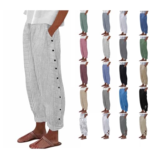 Generic Casual Pants for Women Stripe Print Side Button Trendy Ankle Trousers Baggy Straight Leg Beach Cropped with Pocket2