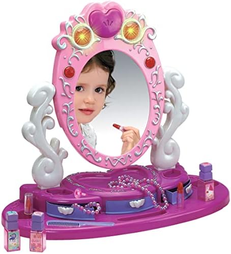 Dresser Vanity Beauty Set - Pink Princess Pretend Play Dressing Table Top Set with Makeup Mirror, Jewelry and Accessories - Music and Lights for Little Girls