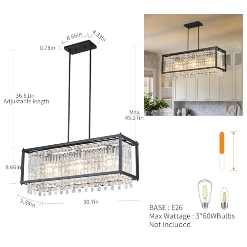 Image of LMQNINE Modern Rectangle Chandelier for Dining Room, Black Crystal Chandelier Linear Light Fixture, Farmhouse Chandeliers for Kitchen Island, Bar Table, L30.7'' x W9.84'' x H8.66''