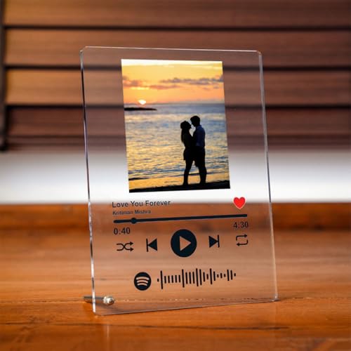 WRAPPING STUDIO Customized Photo & Spotify Song Acrylic Frame, 6x8 inch, Scannable Code, Rectangular Tabletop Plaque with Steel Stand, Personalized Gift for Wedding & Birthday, Stylish Home Décor