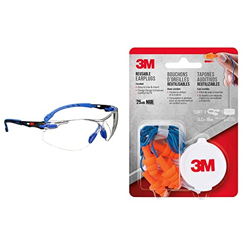 3M Safety Glasses Solus 1000 Series ANSI Z87 Scotchgard Anti-Fog Clear Lens Low Profile Blue/Black Frame & 3M Corded Reusable Earplugs, 3-Pair with Case (90716-80025T)