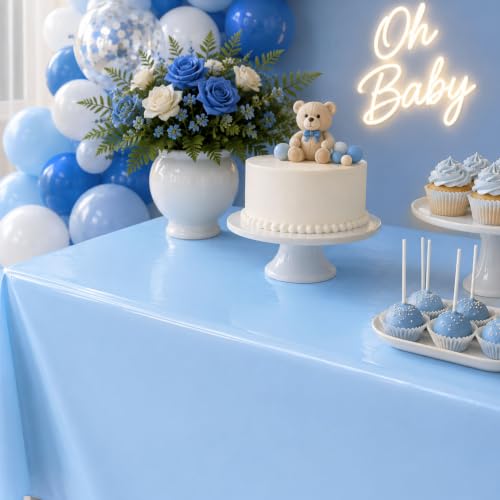Image of Blue Orchards Light Blue Plastic Table Cover (Pack of 3 with 20 Glue dots) - 54 inch x 108 inch - Waterproof & Disposable Tablecloth Sky Blue Party Decoration for Baby Shower, Birhday Party Supplies, Wedding