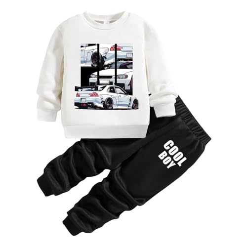 Image of Nivne Tco Toddler Boy Outfits - Cartoon Printed Warm White Sweatshirt & Black Sweatpants - Boy clothes set (3-7 T)