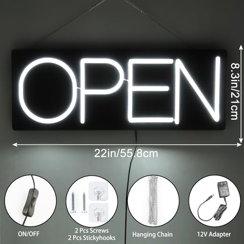 Image of Ultra Bright LED Neon Open Sign - 22 Inch Electric Light Up Sign for Business Storefront Window Glass Door Retail Shop Store Bar Salon Restaurant, White
