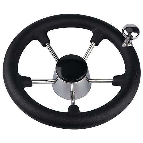 Boat Steering Wheel 11 inch Stainless Steel Marine Steering Wheel Adapter Fit 3/4 Tapered Shaft 5 Spoke Black PU Foam Anti-Slip Destroyer Style with Control Knob for Boats Yachts Pontoon Boats