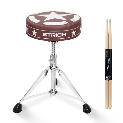 STRICH Drum Throne, höhenverstellbarer gepolsterter Sitz, Drum-Hocker, strapazierfähiger Drehstuhl für Schlagzeuger, ausgefallenes Design, doppelt verstrebter Hocker mit 5A-Drumsticks, SDB-20P, Braun