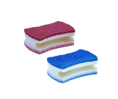 Image of Non-Scratch Scrub Sponge with A Comfortable Grip, Heavy Duty Duel Sided Kitchen Scrubber Sponge Cellulose Scrub Sponge, Scratch Free, with Scouring Pad Set, Pack of 2, Blue-Red /Pink, by Superio