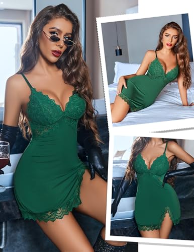 Image of Avidlove Women's Lingerie Lace Nightgown Babydoll Modal Chemise Spaghetti Strap Sleepwear Sexy Slip Side Nightwear
