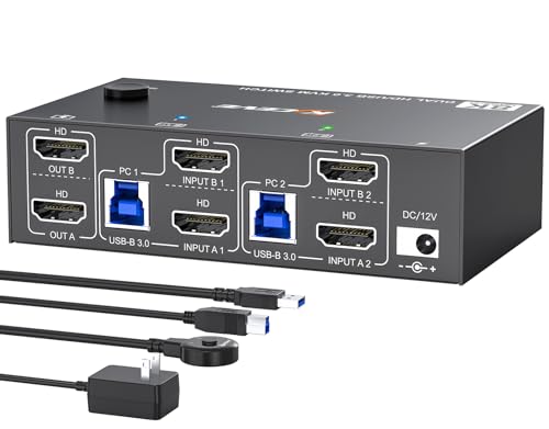 8K HDMI KVM Switch 2 Monitors 2 Computers 8K@60Hz, ANGEET USB 3.0 Dual Monitor KVM Switch for 2 Computer Share 2 Monitor and 4 USB3.0 HUB,Wired Remote,12V Power Adapter and USB Cable Included