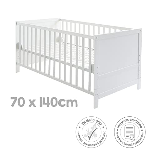 roba Lit Bébé Évolutif Complet - 70 x 140 cm - Equipement Textile au Motif d'Étoiles Inclus - Réglable en Hauteur et Convertible - Blanc